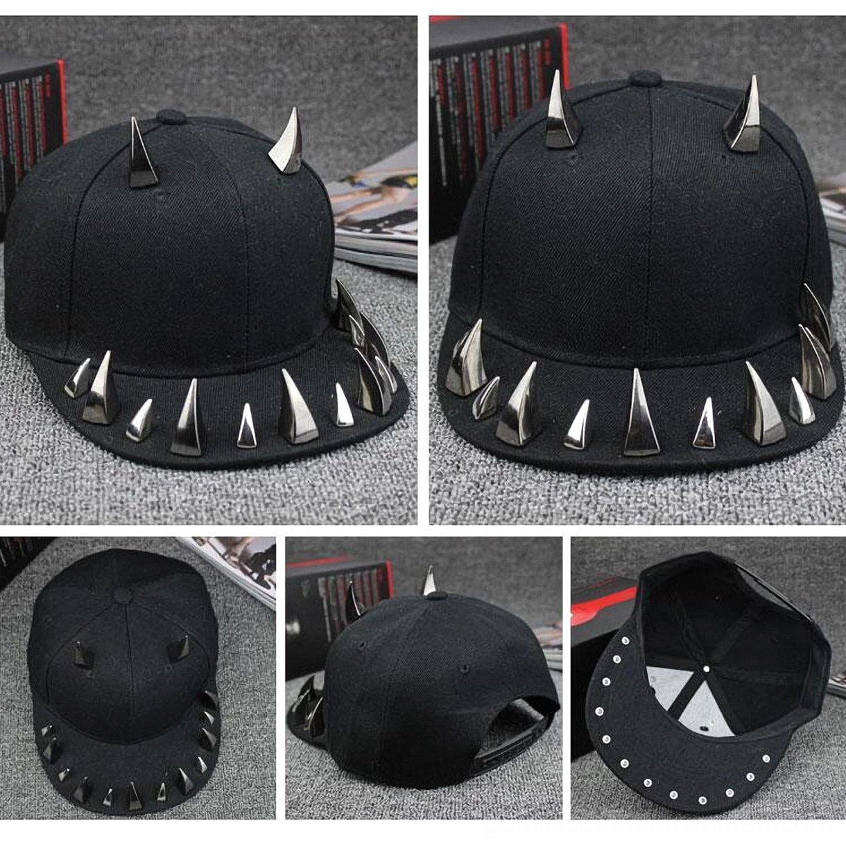Rear three-quarter view of spiked gothic baseball cap displaying back stud pattern and adjustable snapback strap