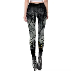 Gothic spooky forest leggings back view - reverse side of haunted woodland print, paired with studded platform boots, demonstrating full print coverage and alternative fashion styling