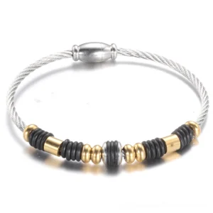 Gothic stainless steel beaded bracelet with dual-tone silver finish and magnetic clasp, flat lay view on white background
