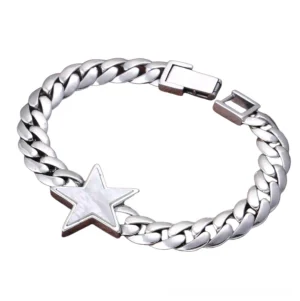 Sterling silver gothic star charm curb bracelet for men, five-point star design with twisted cuban links and polished silver finish