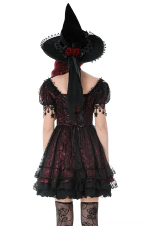 Victorian gothic corset dress back view - ribbon lace-up back closure detail with puff sleeves and witch hat decoration
