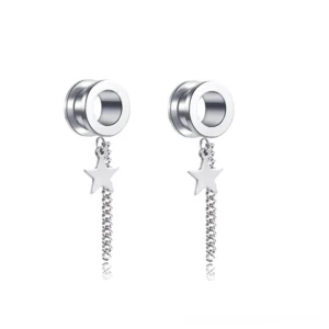 Star dangle stainless steel ear tunnels pair with celestial chain design, gothic jewelry, silver tone