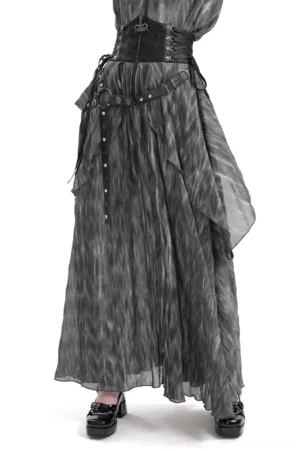 Gothic steampunk layered corset maxi skirt front three-quarter view showing marbled grey chiffon with lace-up waist detail
