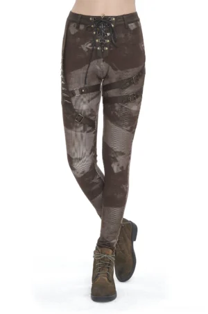 Women's gothic lace-up steampunk leggings with thigh buckle straps in faded brown camo, front three-quarter view on model