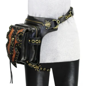 Black steampunk gothic waist bag worn on model's hip, featuring skull hardware, lace-up front panel, and rivet detailing in vintage leather style