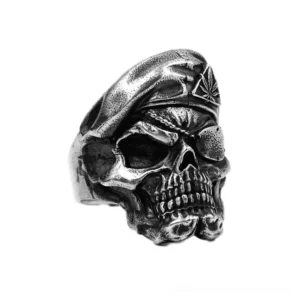 Sterling silver gothic skull ring front three-quarter view showing detailed carved skull design with vintage antique finish