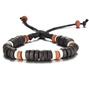Black, brown, orange, and white multi-color stone beaded gothic bracelet with adjustable pull cord, flat disc beads on white background