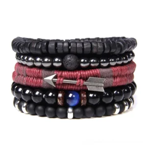 Black gothic layered stone bracelet set with wood beads, silver accents, blue gem stone, and wine-red woven band with metal arrow charm ornament