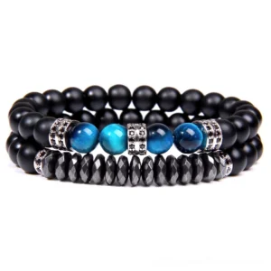 Gothic double-layer beaded bracelet with matte black stone beads, blue tiger eye accent, and silver rhinestone metal spacers
