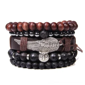 Multi-layered gothic bracelet ensemble with red-brown wooden beads, black stone beads, and ornate owl charm detail