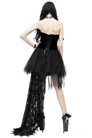 Gothic strapless dress with lace-up back corset and dramatic side lace train, rear view on model