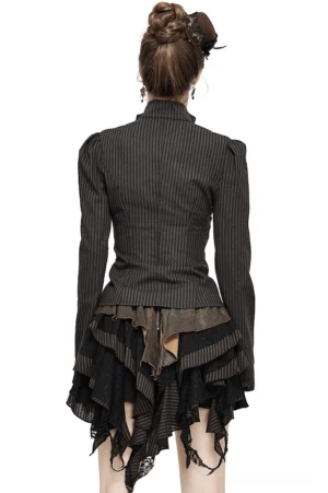 Gothic steampunk blouse with vertical stripes - back view on model featuring tailored fit and ruffled skirt hem pairing