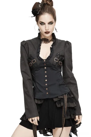 Women's gothic striped blouse with buckle shoulder straps - front full-body view on model showing ruffled neckline and steampunk hardware details