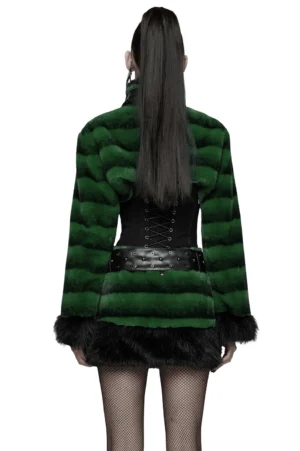 Gothic cropped faux fur jacket rear view showing back design, striped green and black fur with adjustable leather collar strap and black trim