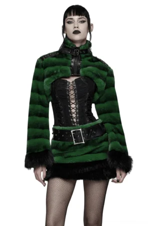 Gothic striped cropped faux fur jacket with studded leather shoulder straps, front view on model featuring green and black striped fur texture and black fur cuffs