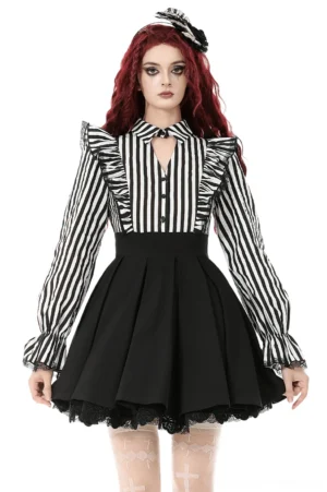 Black and white striped gothic dress with ruffled sleeves front view on model - crescent moon lace jabot detail visible
