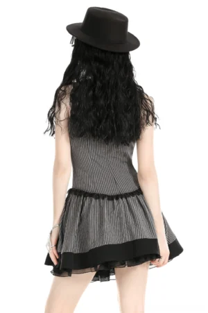 Black gray striped gothic dress back view - layered ruffled hem with black tulle overlay and sleeveless design
