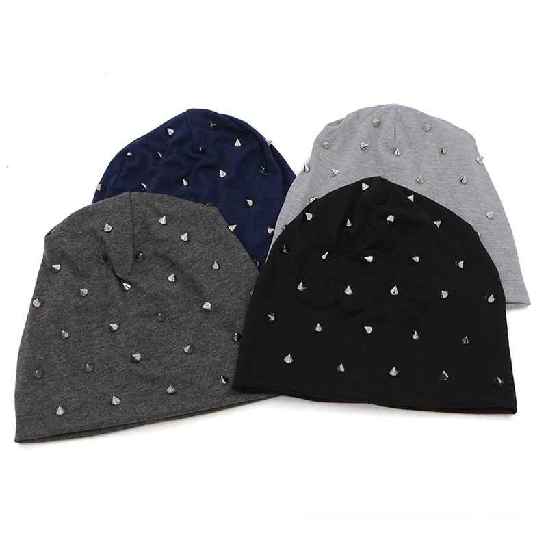 Four color options of gothic studded slouch beanies displaying black, navy, dark gray, and light gray with silver metal cone rivets