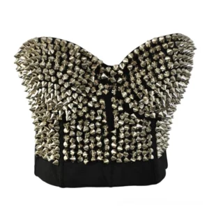 Black spiked corset bustier with mixed gold and silver cone studs, strapless design front view on white background