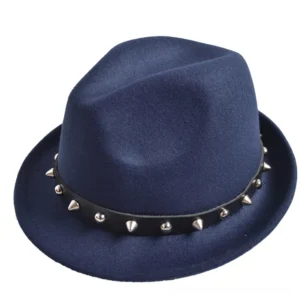 Navy blue gothic fedora hat with studded leather band and smooth felt texture, alternative rock style headwear