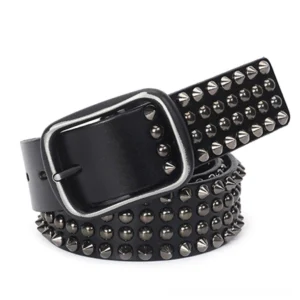 Black Gothic studded leather belt with cone studs and rectangular pin buckle, front angled view