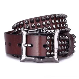 Fully riveted gothic punk leather belt front view displaying complete stud pattern and industrial buckle design for alternative style