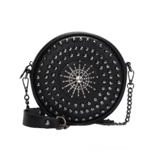 Black studded round crossbody bag front view with rhinestone metal spikes and chain strap