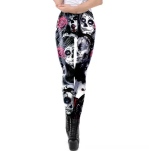 High-waist gothic leggings front view with detailed sugar skull and rose floral pattern print