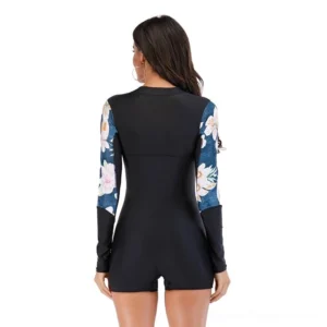 Back view of gothic long-sleeve swimsuit, floral printed sleeves, full sleeve coverage, rear silhouette