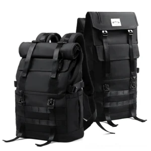 Black gothic tactical roll-top backpack front and rear view studio product photography