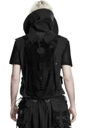 Black gothic tactical backpack with skull studs and chain details worn on model - back full view showing complete design and harness