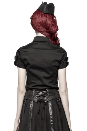 Black gothic tactical blouse back view on model - rear full-body display showing fitted silhouette with lace-up waist detail