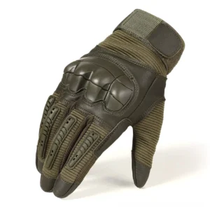 Olive green tactical combat gloves with knuckle armor and touch screen fingertips, front three-quarter view