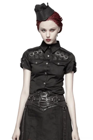Gothic tactical short-sleeve shirt front view on female model - black button-up shirt with metal shoulder buckle straps