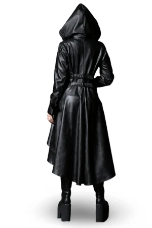 Back view of gothic long tailcoat with metal eyelet hooded detail and adjustable waist belt with square buckle
