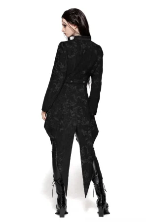 Rear view of black Victorian Gothic tailcoat displaying dramatic pointed tail hem and waist belt detail with floral jacquard texture