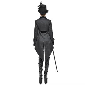 Black Gothic Tailcoat with Split Tail Hem - Full Back View Showing Rear Waist Strap