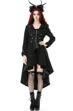 Women's Victorian Gothic high-low tailcoat with metal buckles and lace-up corset back, worn by model with red hair and horn headdress, front full-body view