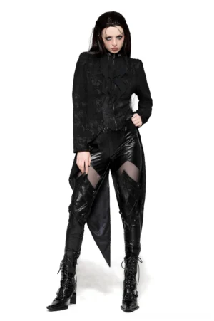 Full front view of black Victorian Gothic tailcoat with ruffled placket, showing asymmetric tail design and jacquard floral pattern