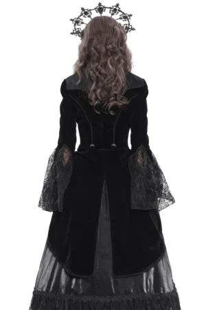Gothic lace bell sleeve tailcoat jacket back view showing tulle skirt and dramatic train hem