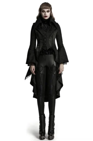 Women's gothic high-low tailcoat with layered lapels and jacquard lace front view