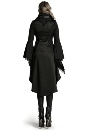 Women's victorian gothic tailcoat metal buckle waist belt and high-low hem back view