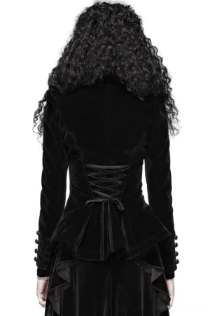 Gothic velvet tailcoat rear view showcasing corset lace-up back design with velvet ribbon detailing and structured shoulders