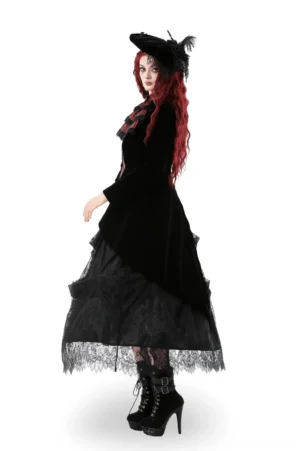 Gothic tailcoat left side view displaying asymmetrical tail hem design, wine red ruffled front, and elegant draping on model