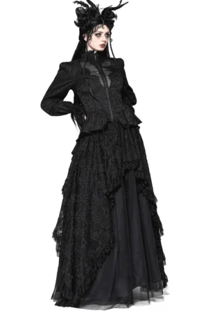 Gothic lace tailcoat three-quarter front view showing fitted corset waist and cascading high-low lace hem