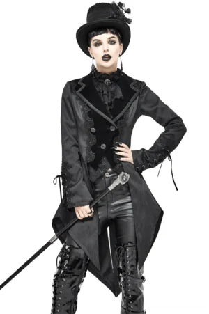 Black Victorian Velvet Tailcoat with Split Hem and Jacquard Detail - Front Three-Quarter View on Model