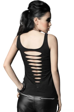 Black gothic tank top back view displaying signature vertical cutout design with ring harness elements - alternative fashion
