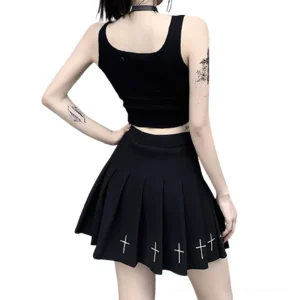 Gothic cropped tank top back view with pleated skirt showing alternative fashion styling