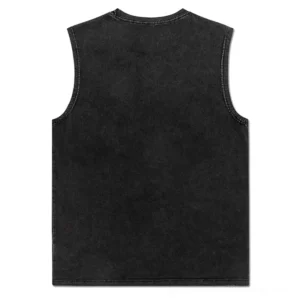 Back view of black cotton gothic tank top showing solid washed fabric and crew neckline