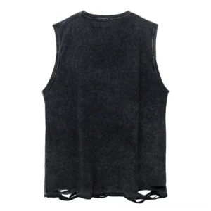 Black faded cotton gothic tank top back view showing ripped hem and vintage wash finish